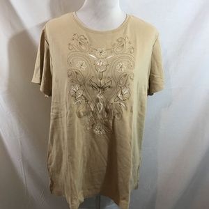 Classic Elements tan short sleeve top with embroidered flowers - womens 16-18W -